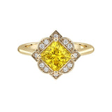 Princess Cut Yellow Sapphire Vintage Halo Ring 14K Gold engraved antique style September birthstone Pel and Co
