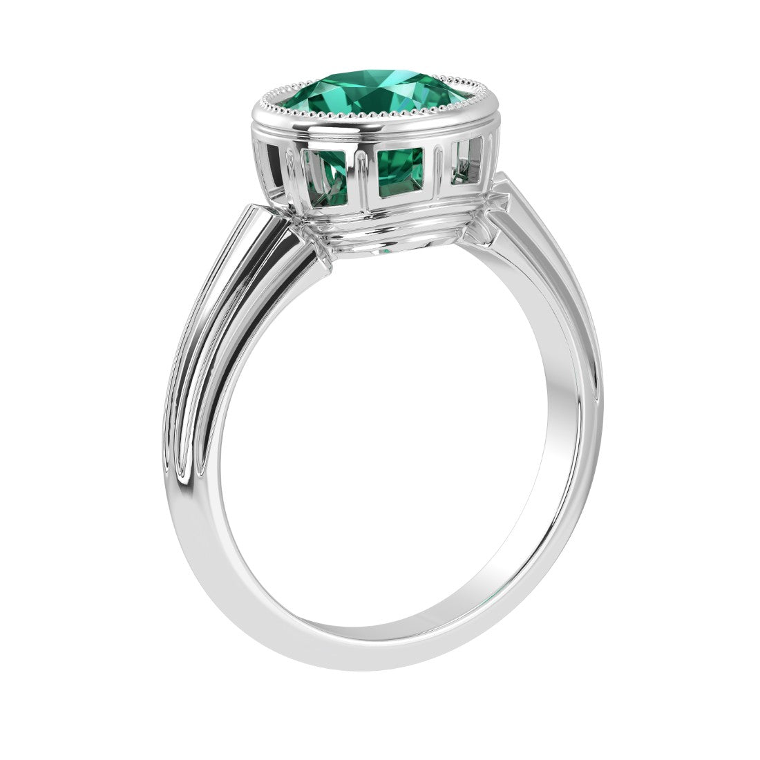 Round Emerald Bezel Ring vintage milgrain style 14K Gold luxury green gemstone Pel and Co