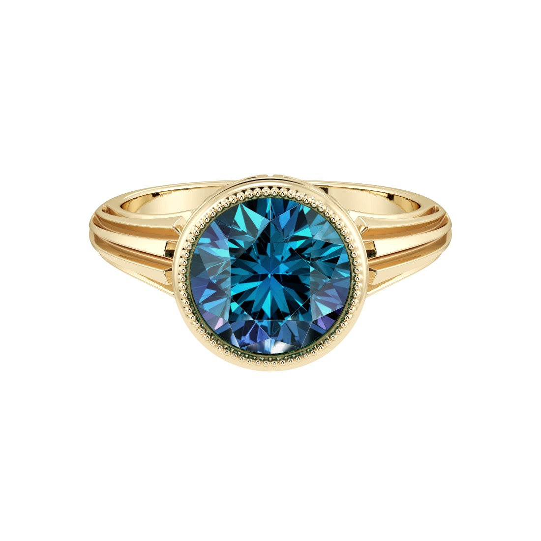 Art Deco Round Bezel Alexandrite Ring in 14K Gold with Milgrain Detail vintage color change June birthstone Pel and Co