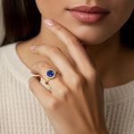 Round Blue Sapphire Ring bezel set with milgrain detail 14K Gold Ceylon blue engagement ring Pel and Co