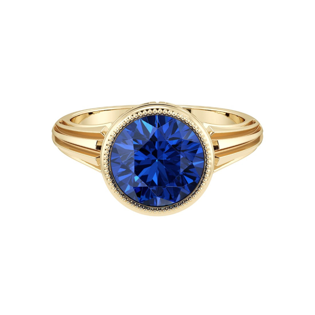 Art Deco Round Blue Sapphire Ring in 14K Gold with Bezel Milgrain Detail September birthstone Pel and Co