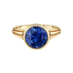 Art Deco Round Blue Sapphire Ring in 14K Gold with Bezel Milgrain Detail September birthstone Pel and Co