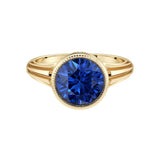 Art Deco Round Blue Sapphire Ring in 14K Gold with Bezel Milgrain Detail September birthstone Pel and Co