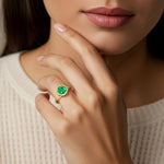 Round Colombian Emerald Ring bezel set with milgrain detail 14K Gold antique inspired engagement ring Pel and Co