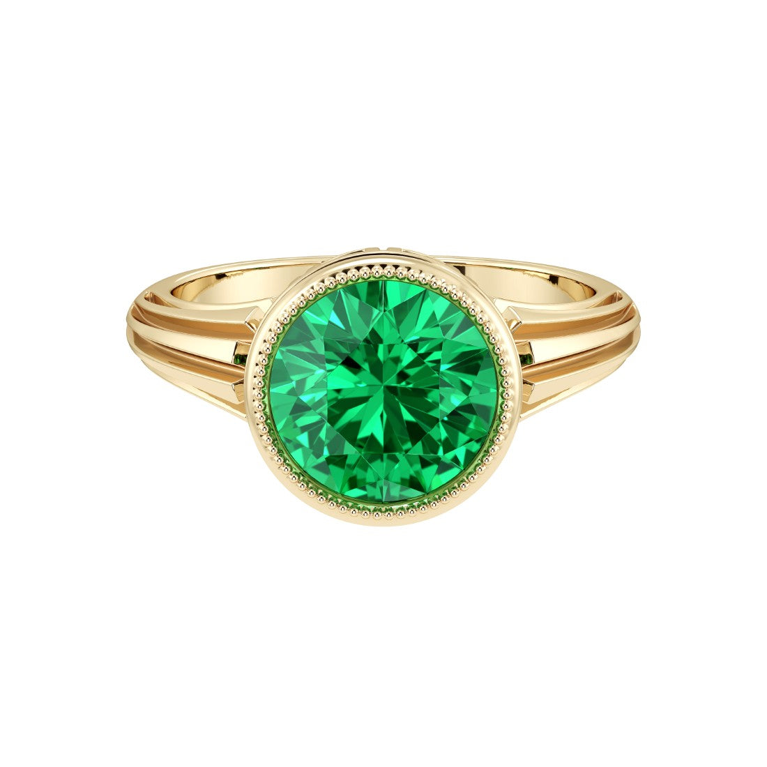 Art Deco Round Colombian Emerald Ring in 14K Gold with Bezel Milgrain Detail luxury green Pel and Co
