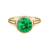 Art Deco Round Colombian Emerald Ring in 14K Gold with Bezel Milgrain Detail luxury green Pel and Co