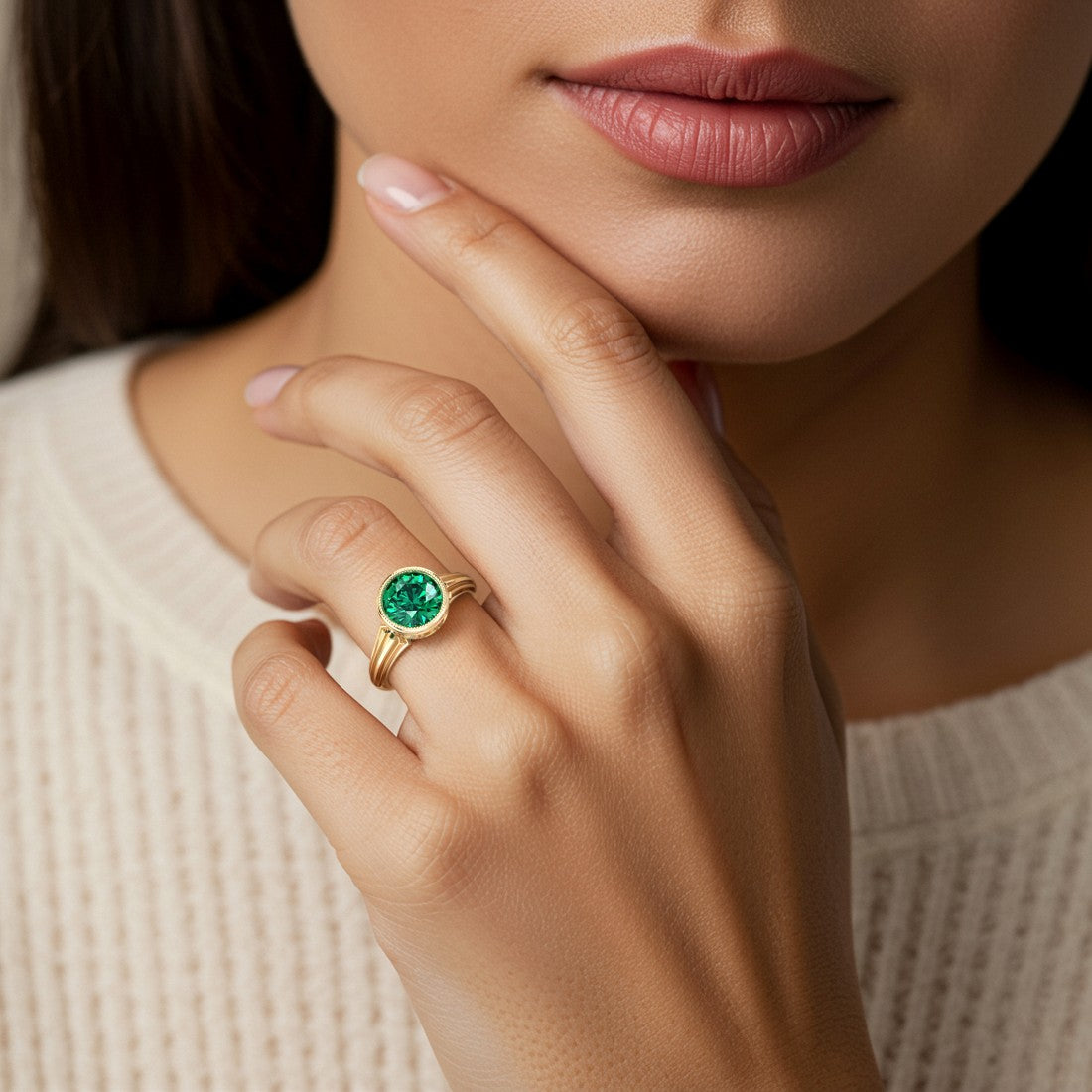 Round Emerald Ring bezel set with milgrain detail 14K Gold antique inspired engagement ring Pel and Co