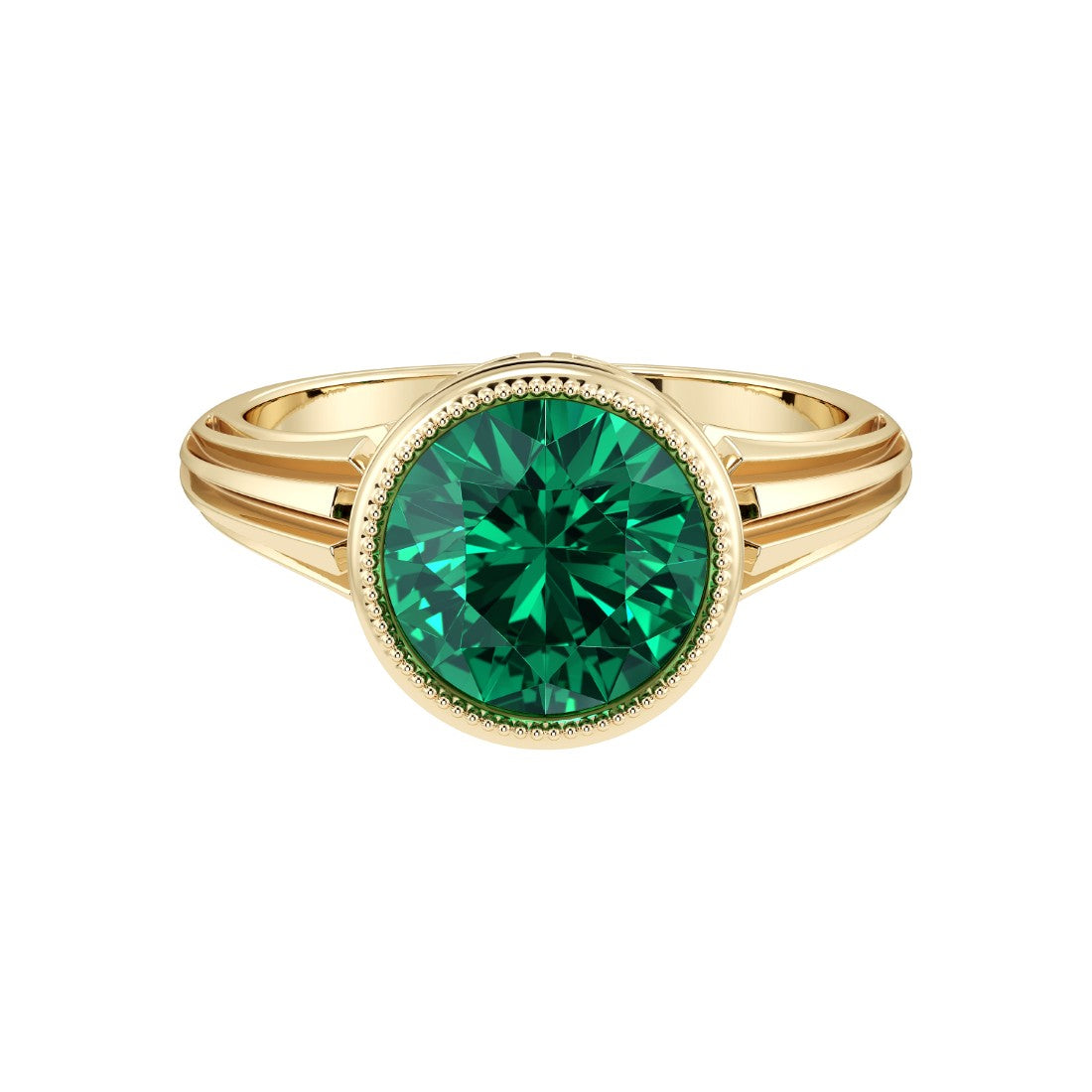 Art Deco Round Emerald Ring in 14K Gold with Bezel Milgrain Detail May birthstone Pel and Co