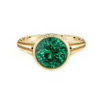 Art Deco Round Emerald Ring in 14K Gold with Bezel Milgrain Detail May birthstone Pel and Co