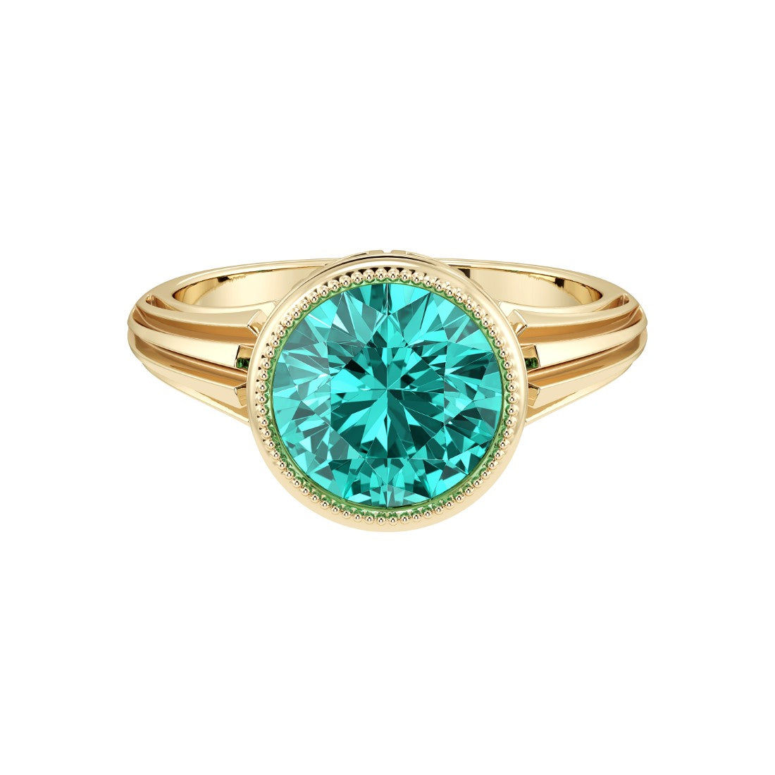 Art Deco Round Paraiba Tourmaline Ring in 14K Gold with Bezel Milgrain Detail neon blue green Pel and Co