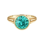 Art Deco Round Paraiba Tourmaline Ring in 14K Gold with Bezel Milgrain Detail neon blue green Pel and Co