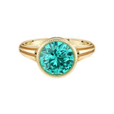 Art Deco Round Paraiba Tourmaline Ring in 14K Gold with Bezel Milgrain Detail neon blue green Pel and Co