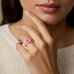 Round Pink Sapphire Ring bezel set with milgrain detail 14K Gold antique inspired engagement ring Pel and Co