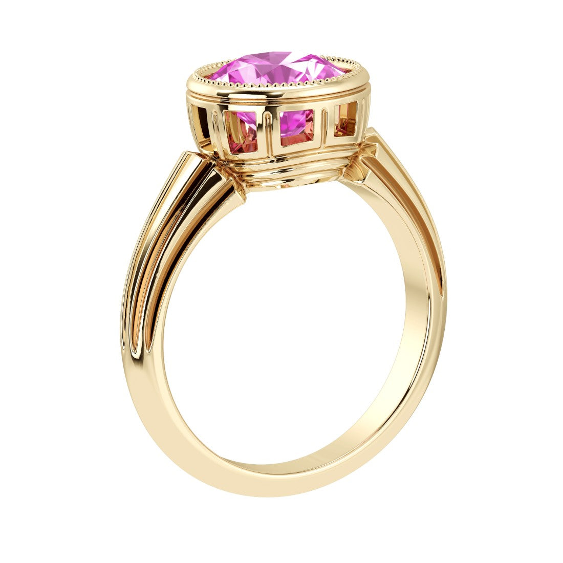 Art Deco Pink Sapphire Ring round bezel solitaire 14K Gold timeless feminine jewelry Pel and Co