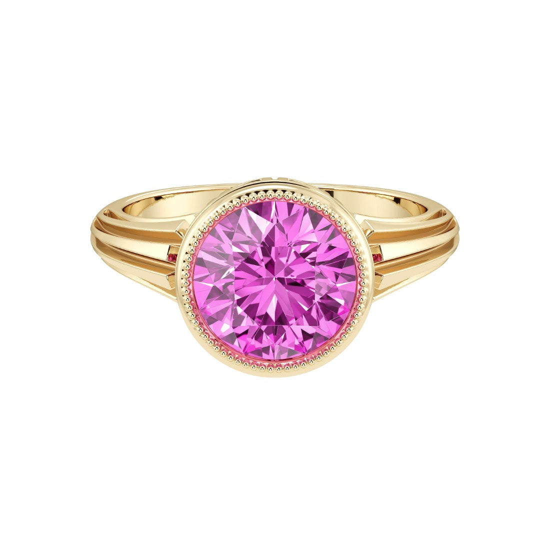 Art Deco Round Pink Sapphire Ring in 14K Gold with Bezel Milgrain Detail romantic blush Pel and Co