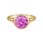 Art Deco Round Pink Sapphire Ring in 14K Gold with Bezel Milgrain Detail romantic blush Pel and Co