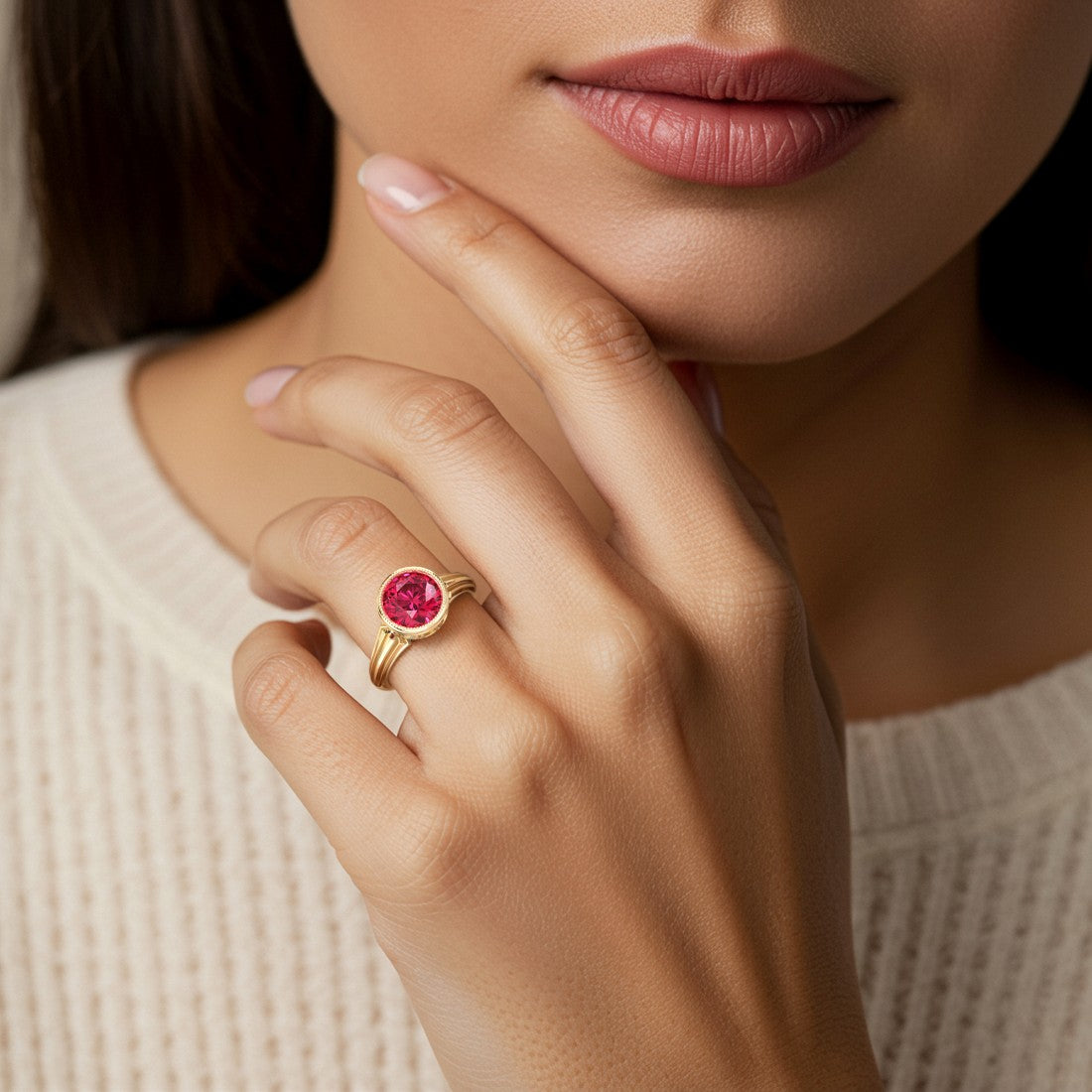 Round Ruby Ring bezel set with milgrain detail 14K Gold antique inspired engagement ring Pel and Co