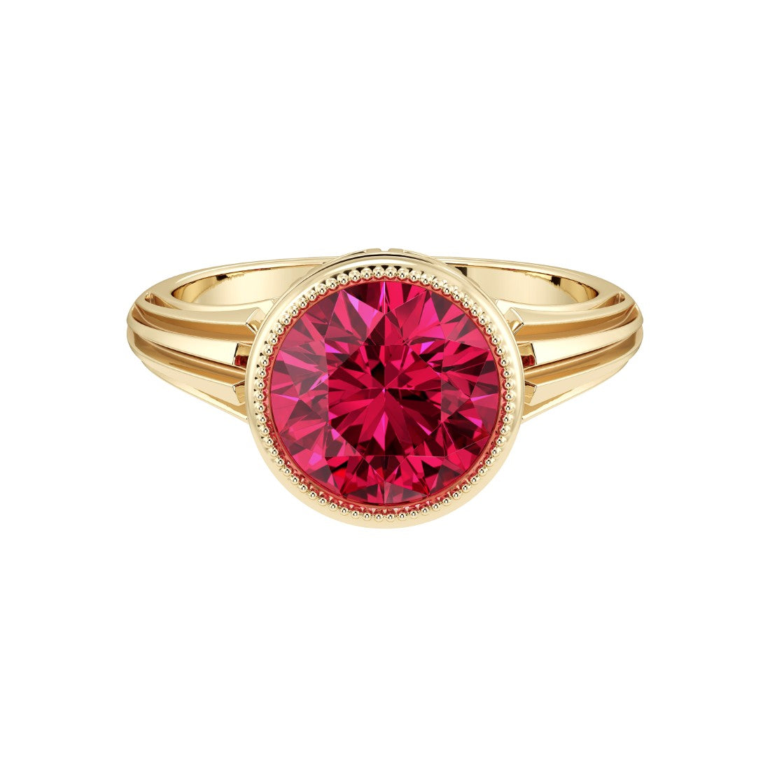 Art Deco Round Ruby Ring in 14K Gold with Bezel Milgrain Detail July birthstone Pel and Co