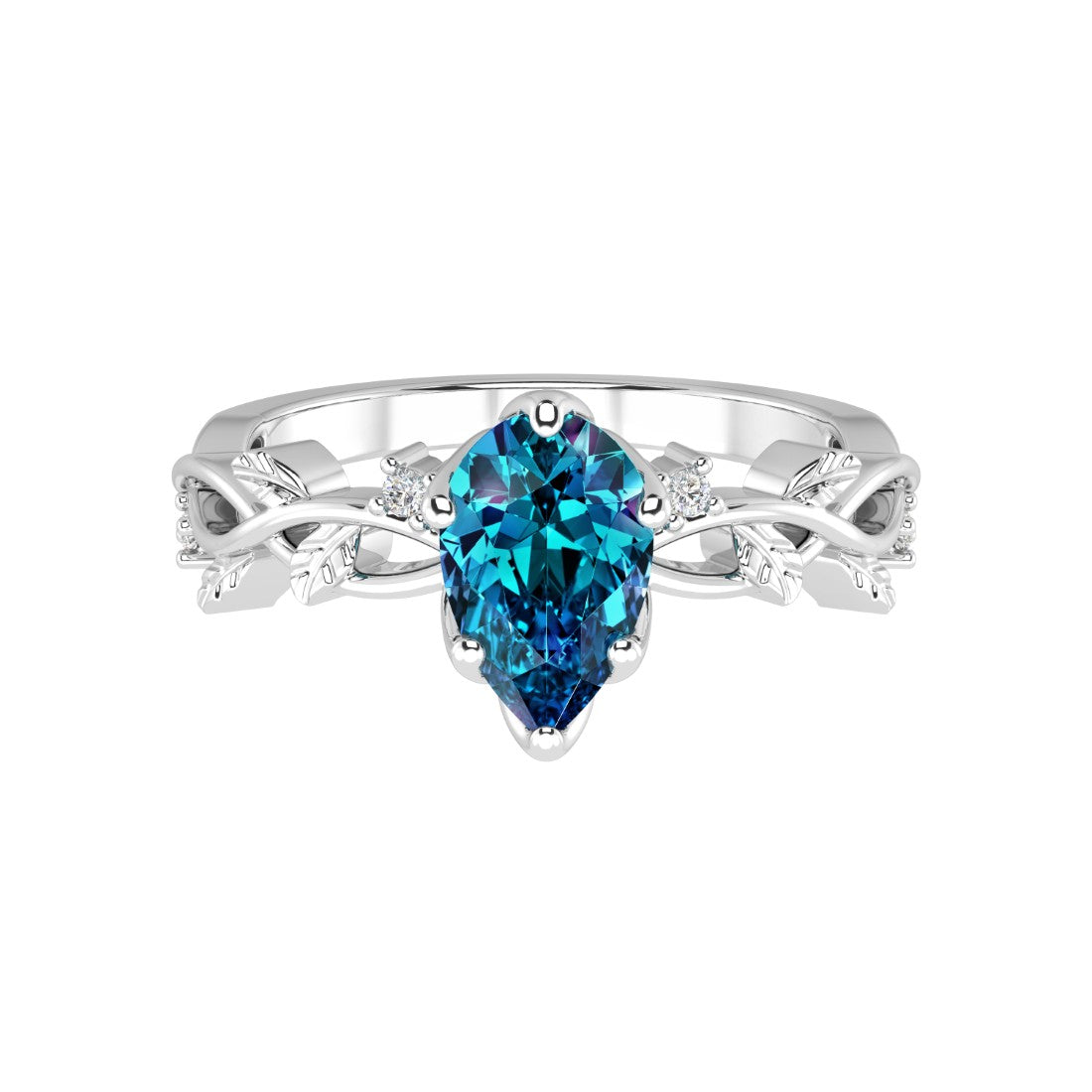 Pear Alexandrite Ring vine branch design diamond accents 14K Gold romantic engagement ring Pel and Co