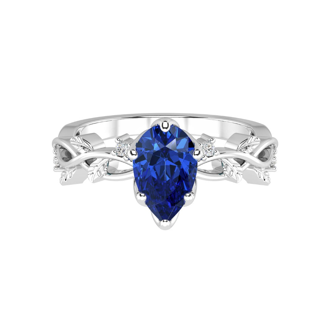Pear Blue Sapphire Ring vine branch design diamond accents 14K Gold romantic engagement ring Pel and Co