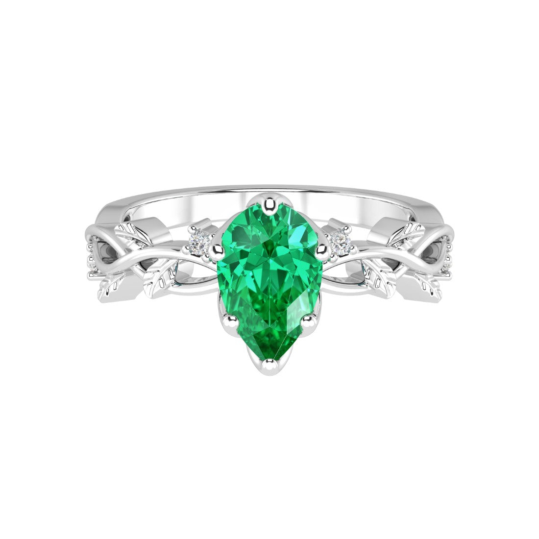 Pear Colombian Emerald Ring vine branch design diamond accents 14K Gold romantic engagement ring Pel and Co