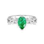 Pear Colombian Emerald Ring vine branch design diamond accents 14K Gold romantic engagement ring Pel and Co