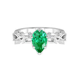 Pear Colombian Emerald Ring vine branch design diamond accents 14K Gold romantic engagement ring Pel and Co