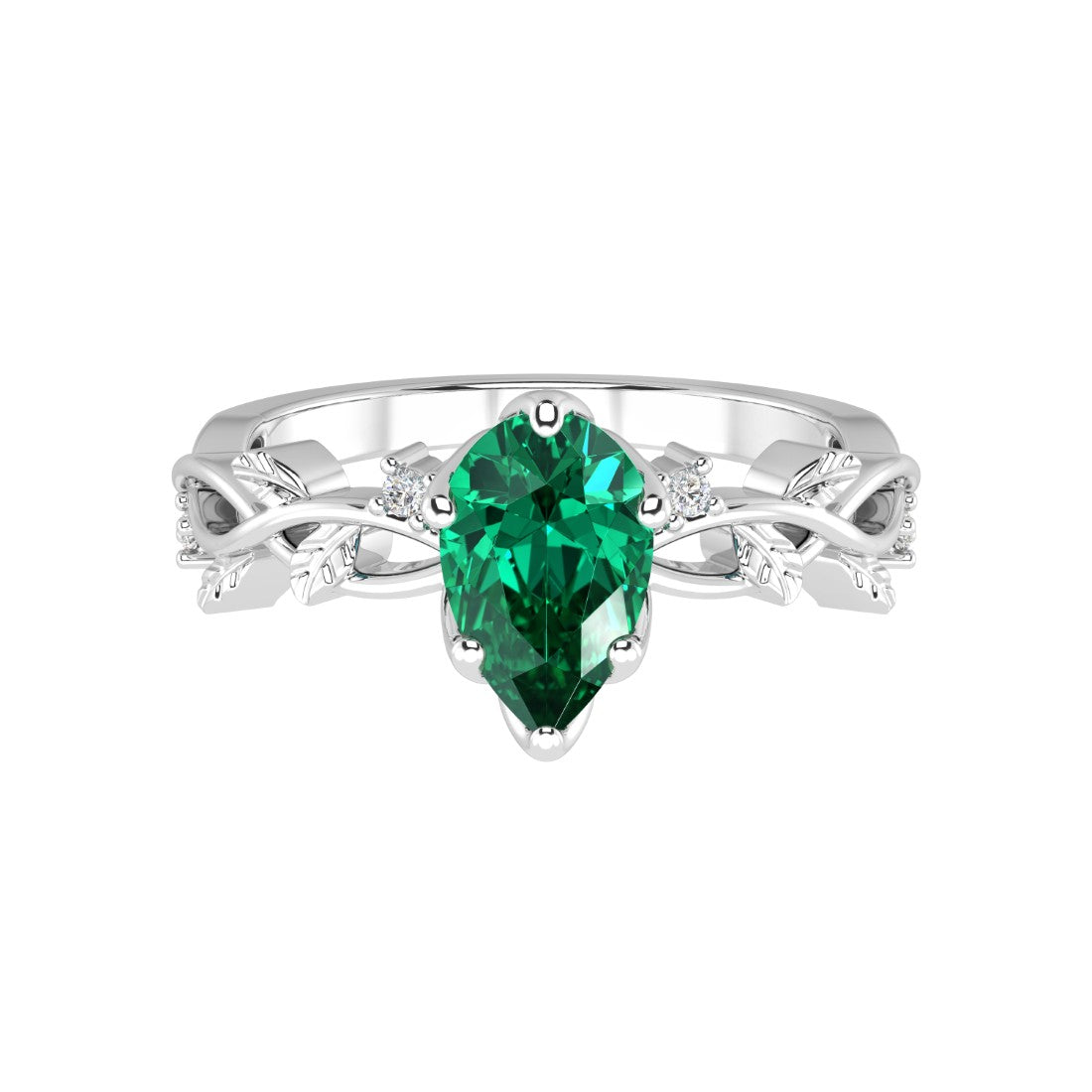 Pear Emerald Ring vine branch design diamond accents 14K Gold romantic engagement ring Pel and Co