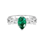 Pear Emerald Ring vine branch design diamond accents 14K Gold romantic engagement ring Pel and Co