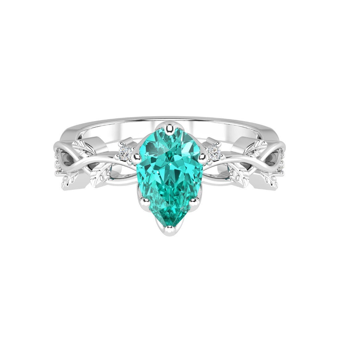 Pear Paraiba Ring vine branch design diamond accents 14K Gold rare engagement ring Pel and Co
