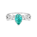 Pear Paraiba Ring vine branch design diamond accents 14K Gold rare engagement ring Pel and Co