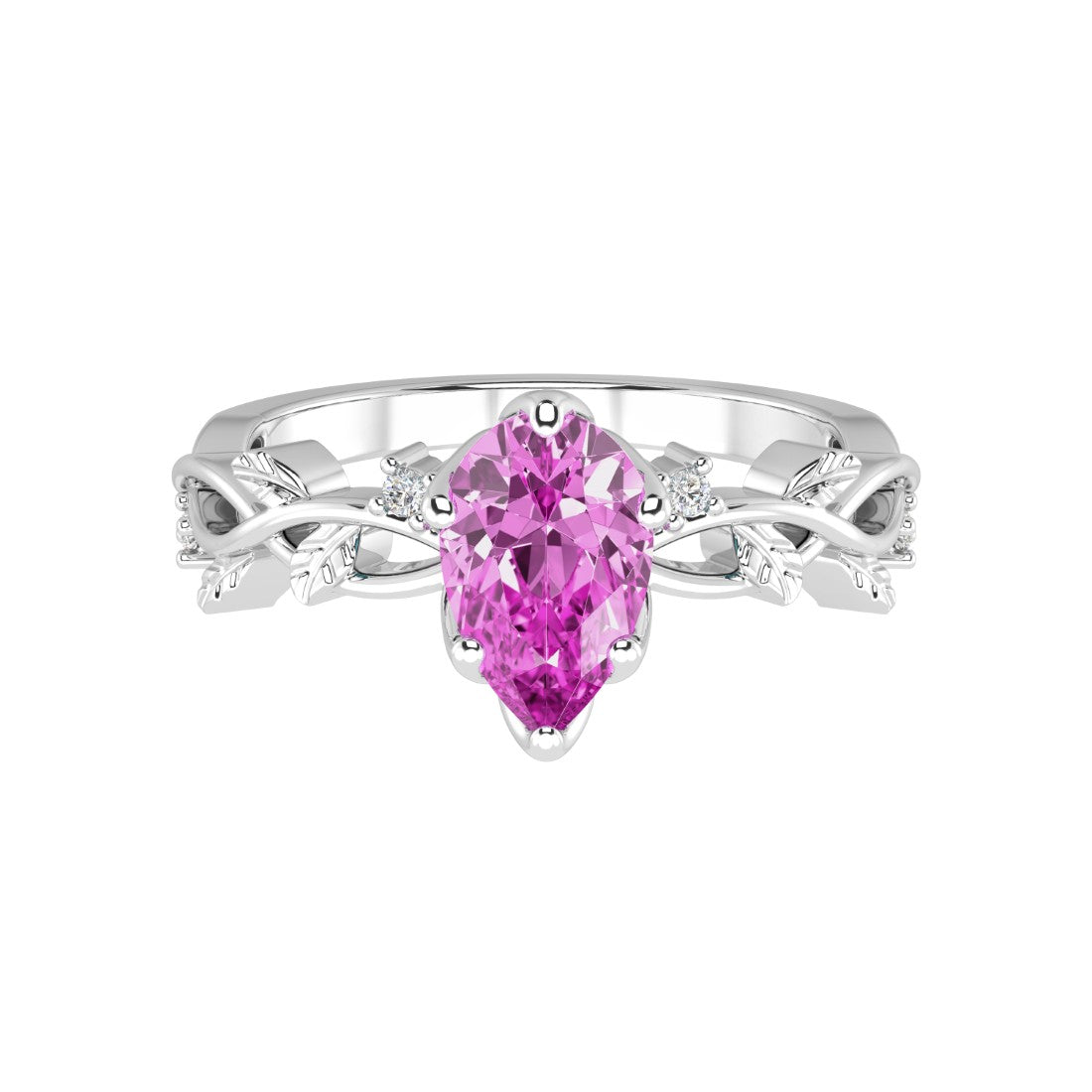 Pear Pink Sapphire Ring vine branch design diamond accents 14K Gold romantic engagement ring Pel and Co