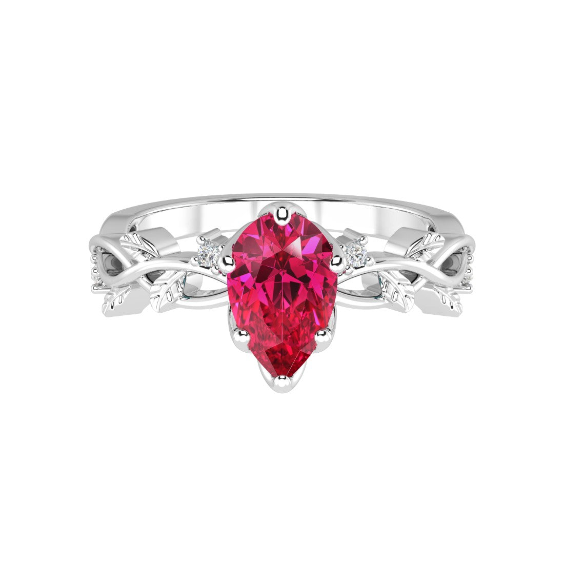 Pear Ruby Ring vine branch design diamond accents 14K Gold romantic engagement ring Pel and Co