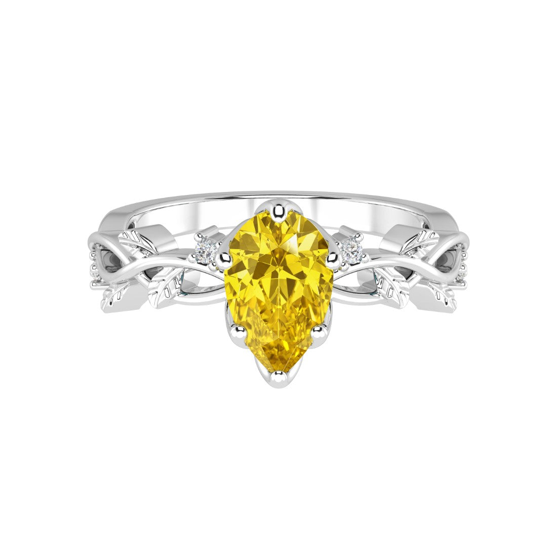 Pear Yellow Sapphire Ring vine branch design diamond accents 14K Gold romantic engagement ring Pel and Co
