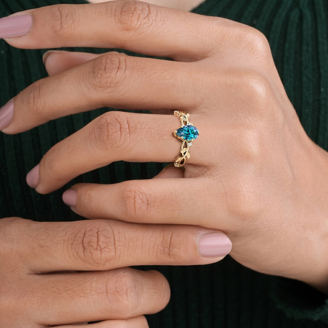 Nature Inspired Alexandrite Ring pear cut center stone 14K Gold unique fine jewelry Pel and Co