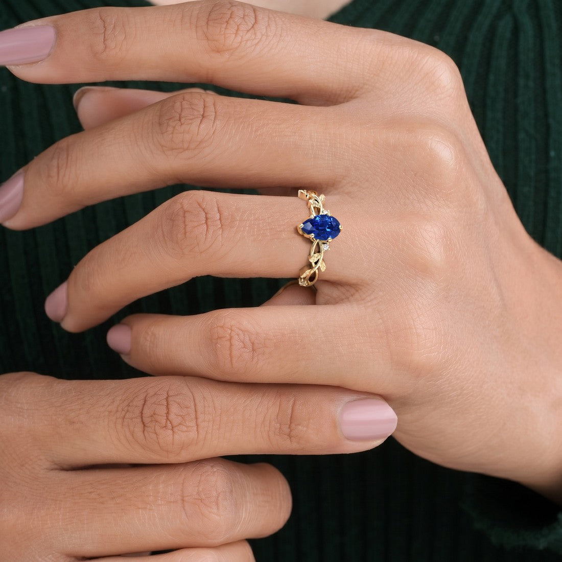 Nature Inspired Blue Sapphire Ring pear cut center stone 14K Gold unique fine jewelry Pel and Co