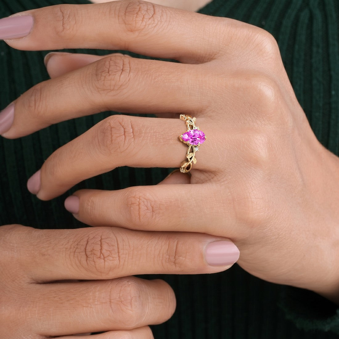 Nature Inspired Pink Sapphire Ring pear cut center stone 14K Gold unique fine jewelry Pel and Co