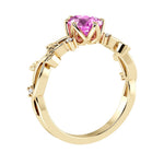 Pear Pink Sapphire Diamond Ring floral vine setting 14K Gold heirloom style Pel and Co