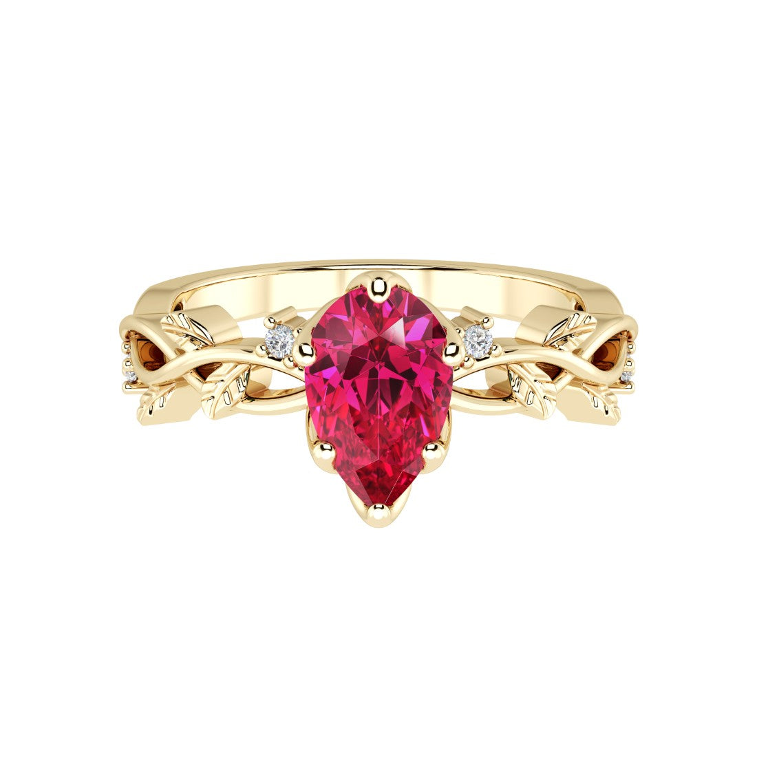 Pear Ruby Engagement Ring 14K Gold nature vine diamond ring pigeon blood red July birthstone Pel and Co