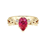 Pear Ruby Engagement Ring 14K Gold nature vine diamond ring pigeon blood red July birthstone Pel and Co