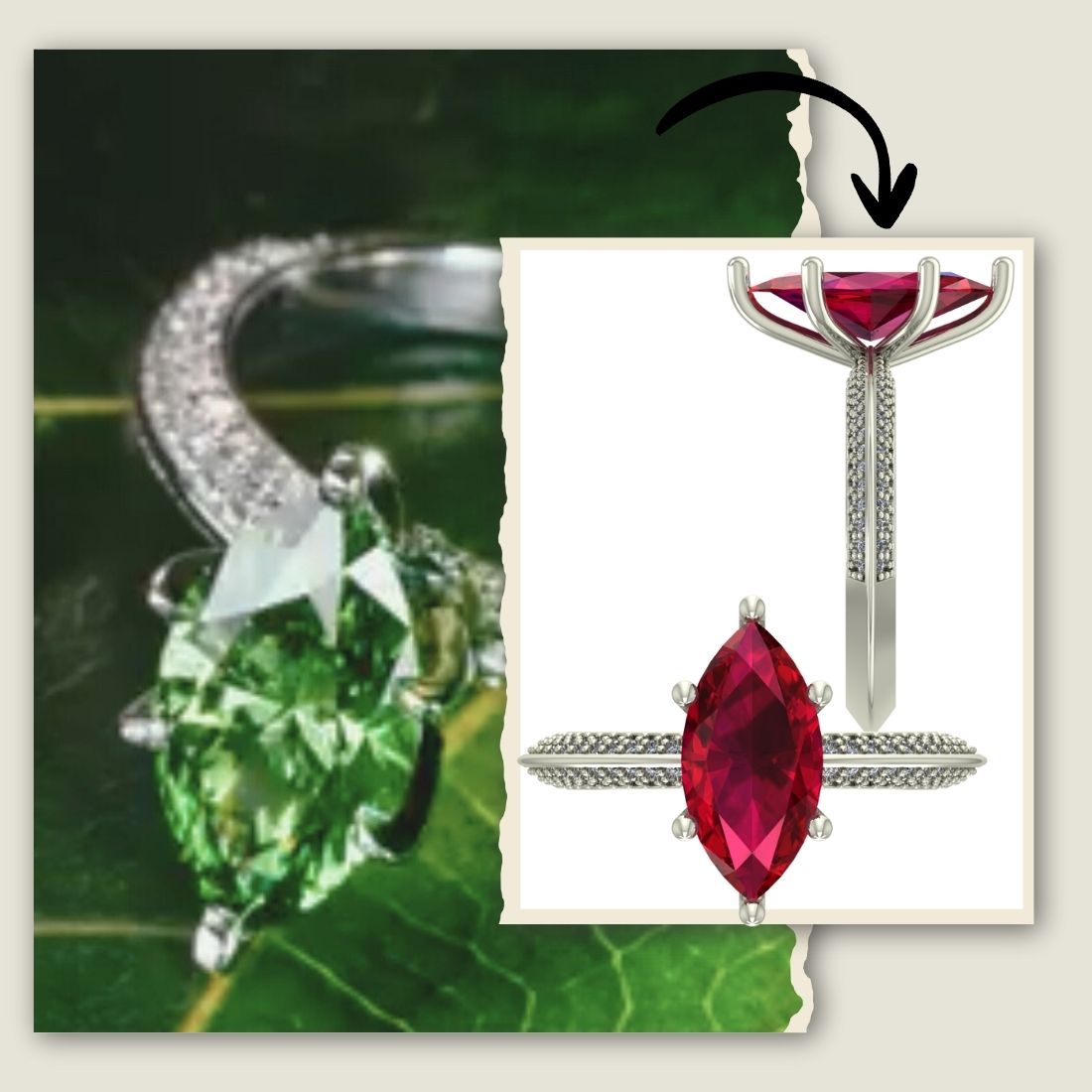 Custom marquise ruby ring with knife-edge diamond band, bold statement ring, handcrafted gold jewelry