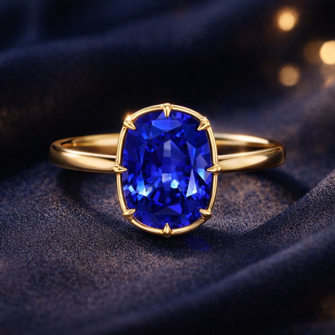 Elongated cushion cut blue sapphire solitaire bezel ring in gold with tapered band by Pel & Co – antique style sapphire engagement ring