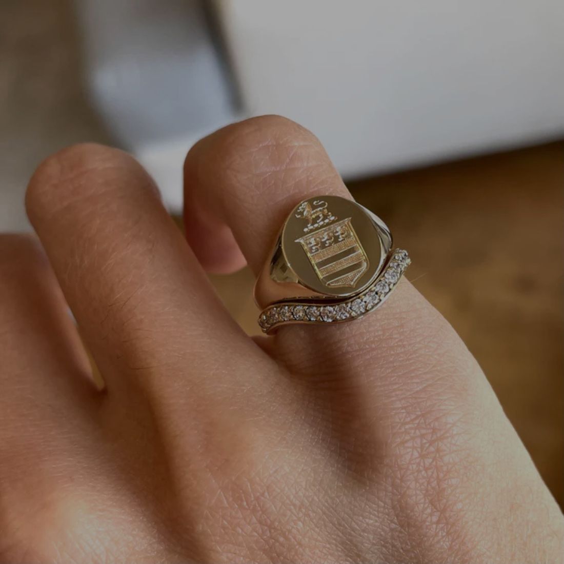 Custom women’s diamond-accented signet ring, gold handcrafted jewelry, one-of-a-kind statement ring