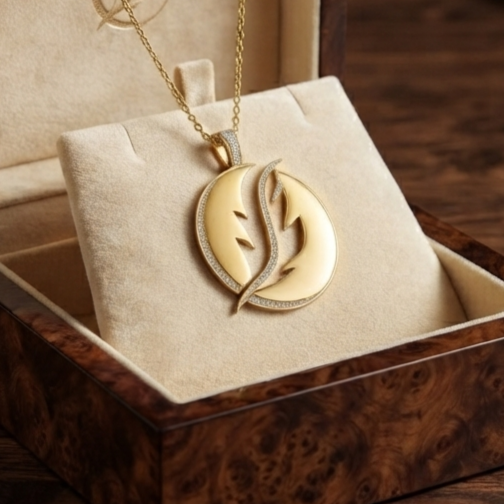 A luxury custom corporate logo necklace featuring a micro-pave diamond-set pendant in solid gold