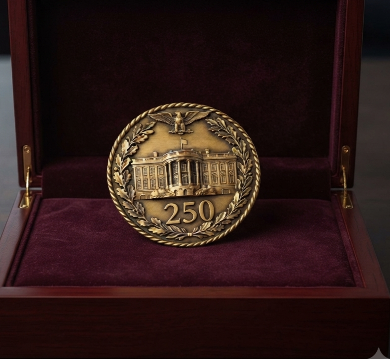 An 18K gold commemorative medallion pendant custom-embossed with an organization's founding anniversary year