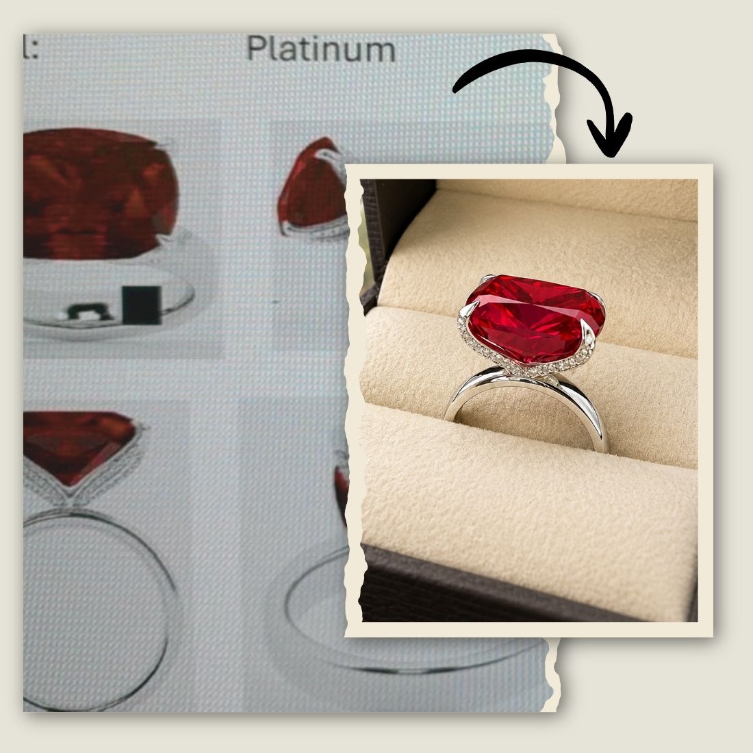 Custom platinum engagement ring with a specially cut elongated cushion pigeon blood red ruby and diamond by Pel & Co.