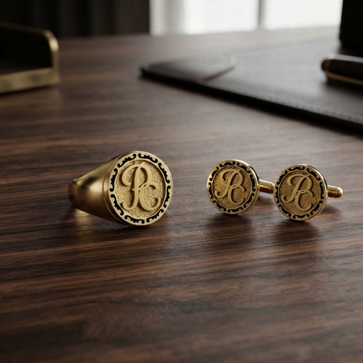 Custom executive cufflinks and corporate signet ring in gold. For executive recognition and leadership gifting, Pel & Co creates executive cufflinks, corporate rings and custom signet rings inspired by your company's identity.

Logos, crests, monograms, founding dates and meaningful brand symbols can be translated into sophisticated jewelry for CEOs, founders, partners, board members and senior leadership.