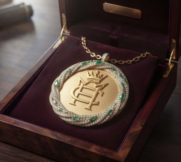 A handcrafted precious metal corporate keepsake and luxury desk accessory engraved with a company crest