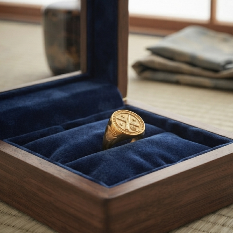 A heavy-weight solid gold executive signet ring engraved with a detailed corporate custom logo