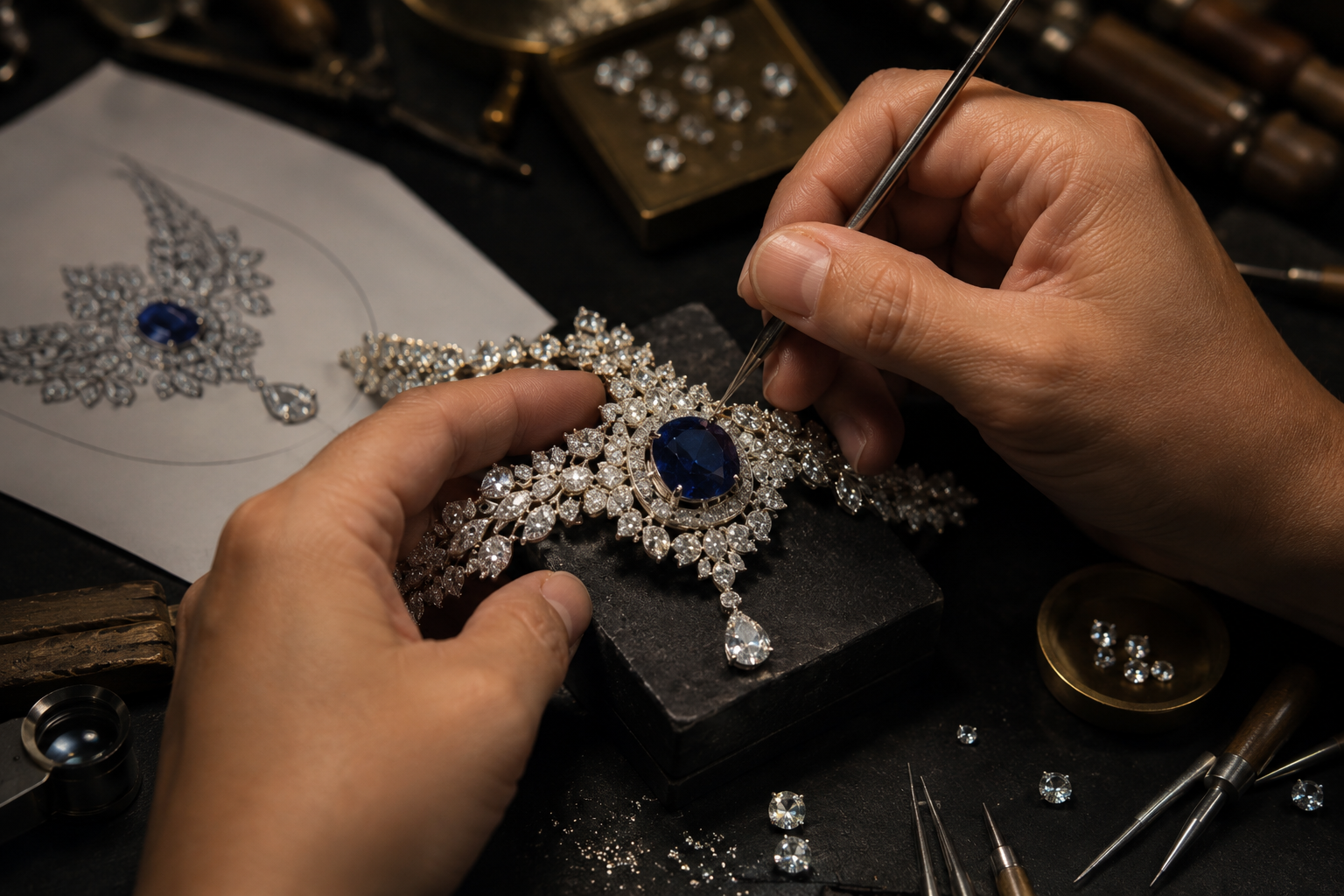 High jewelry jeweler hand-setting luxury diamonds and rare gemstones on an intricate custom fine jewelry piece by Pel & Co. Expert craftsmanship featuring bespoke jewelry design, diamond setting, gemstone sourcing, and handcrafted high jewelry made in Los Angeles, USA.